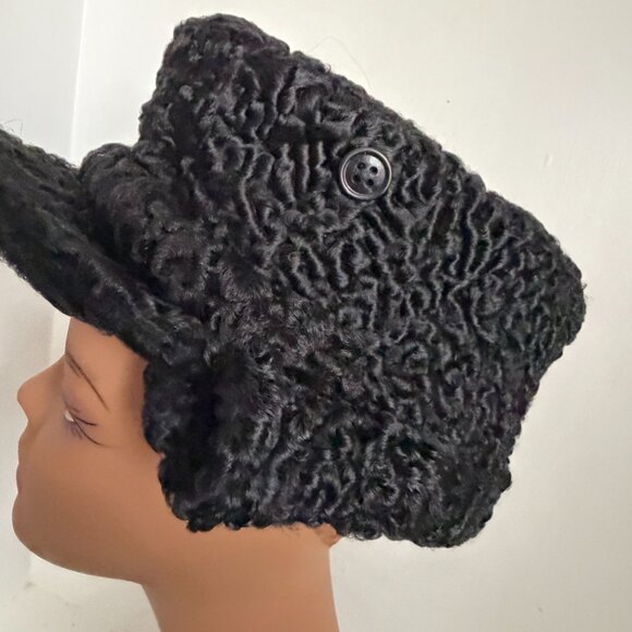 Vintage 60s Aviators Russian Pot-Poht Curly Lamb Earflaps Black Warm Winter Hat main image 7